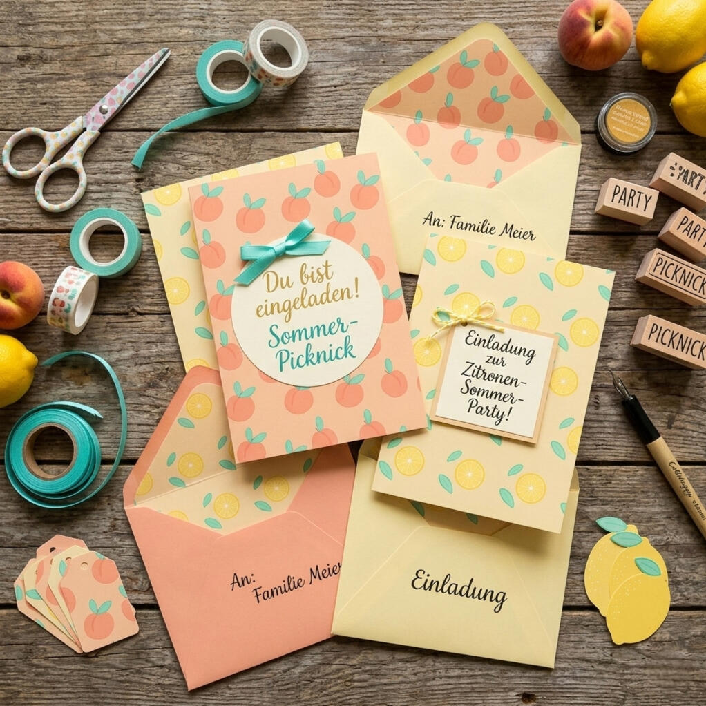Printable Summer Party Invitations DIY summer invitation cards with lemon and peach pattern paper, matching envelope liners and crafting tools arranged on a wooden table.